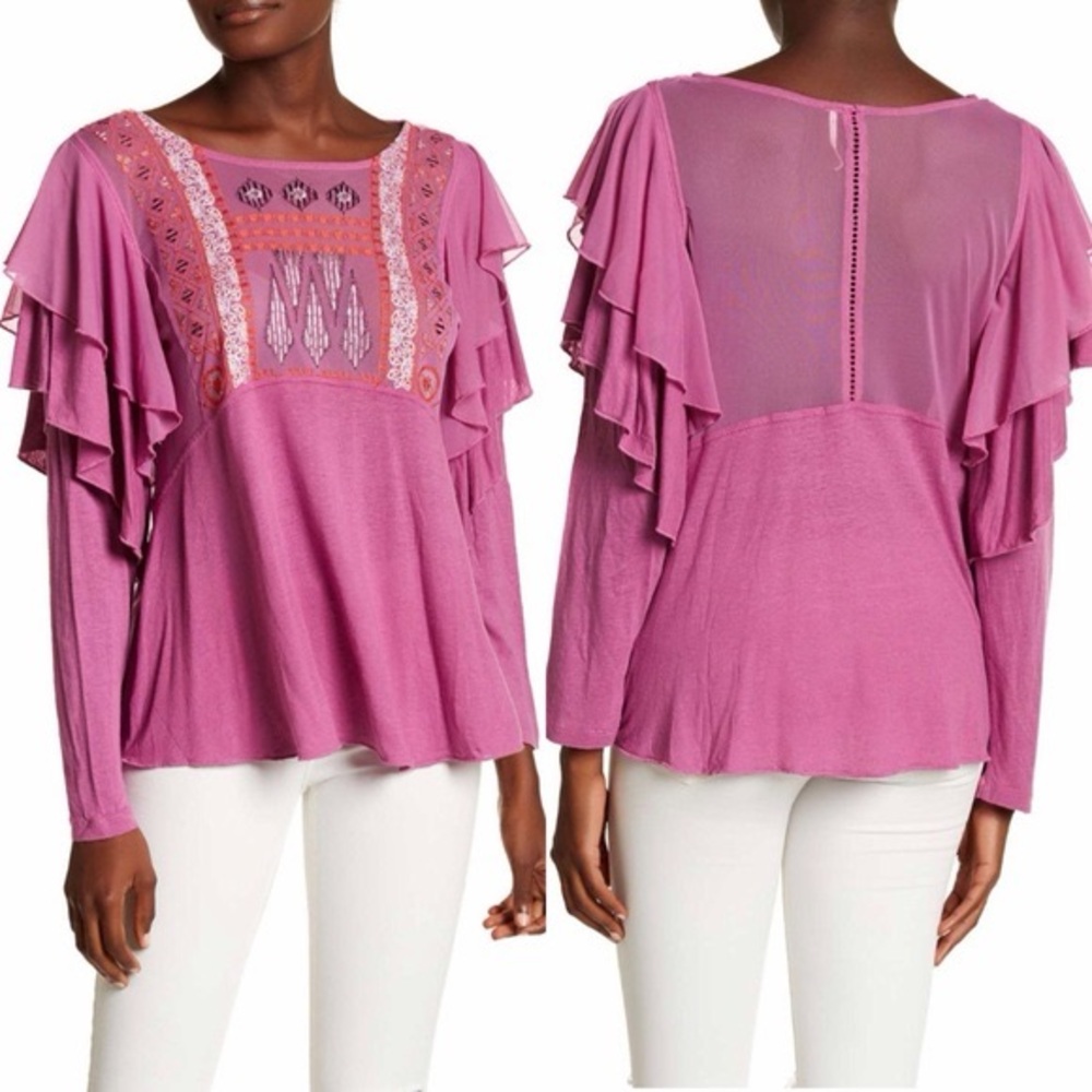Free People La Cienega Wisteria Mauve Embroidered Blouse
